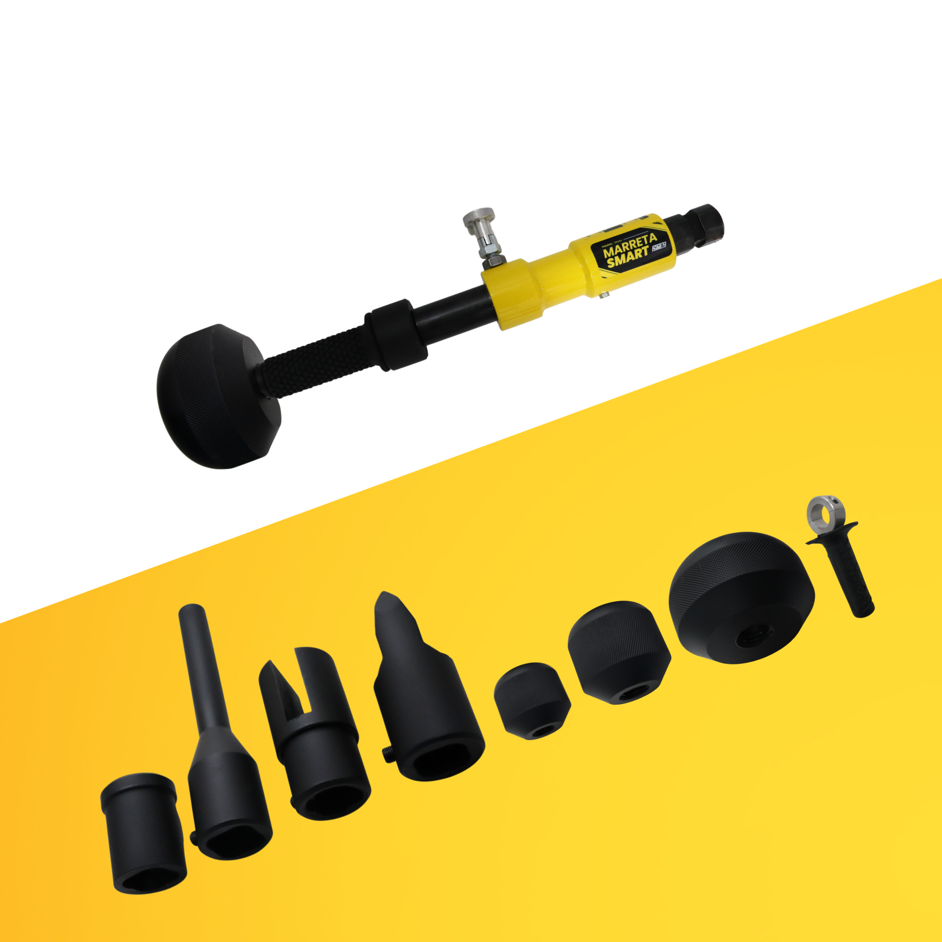 Operador utilizando a Marreta Smart Mini AGMOV para realizar impactos precisos em área restrita com segurança e conforto, utilizando o suporte de pega vertical.