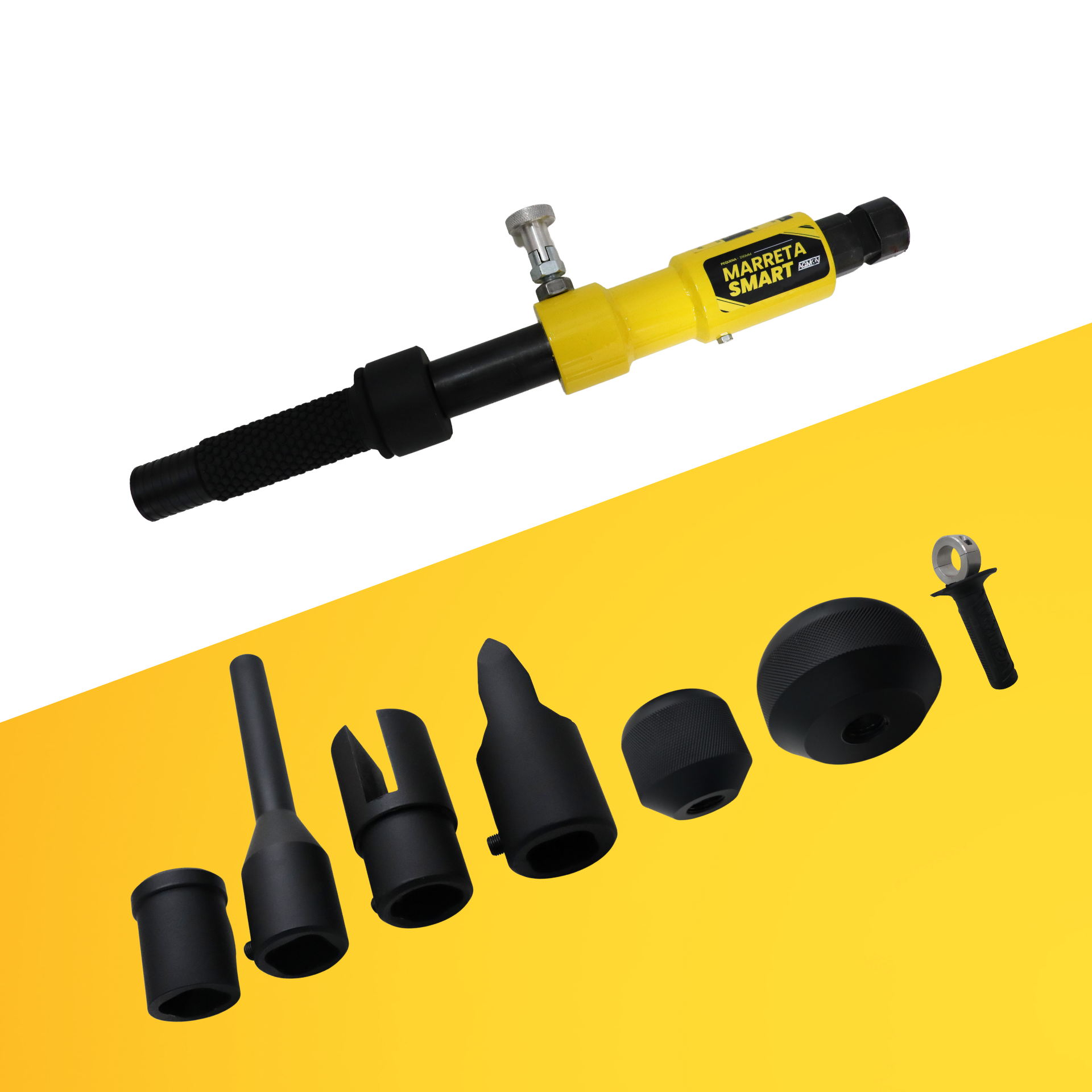 Operador utilizando a Marreta Smart Pequena AGMOV para realizar impactos precisos em área restrita com segurança e conforto, utilizando o suporte de pega vertical.