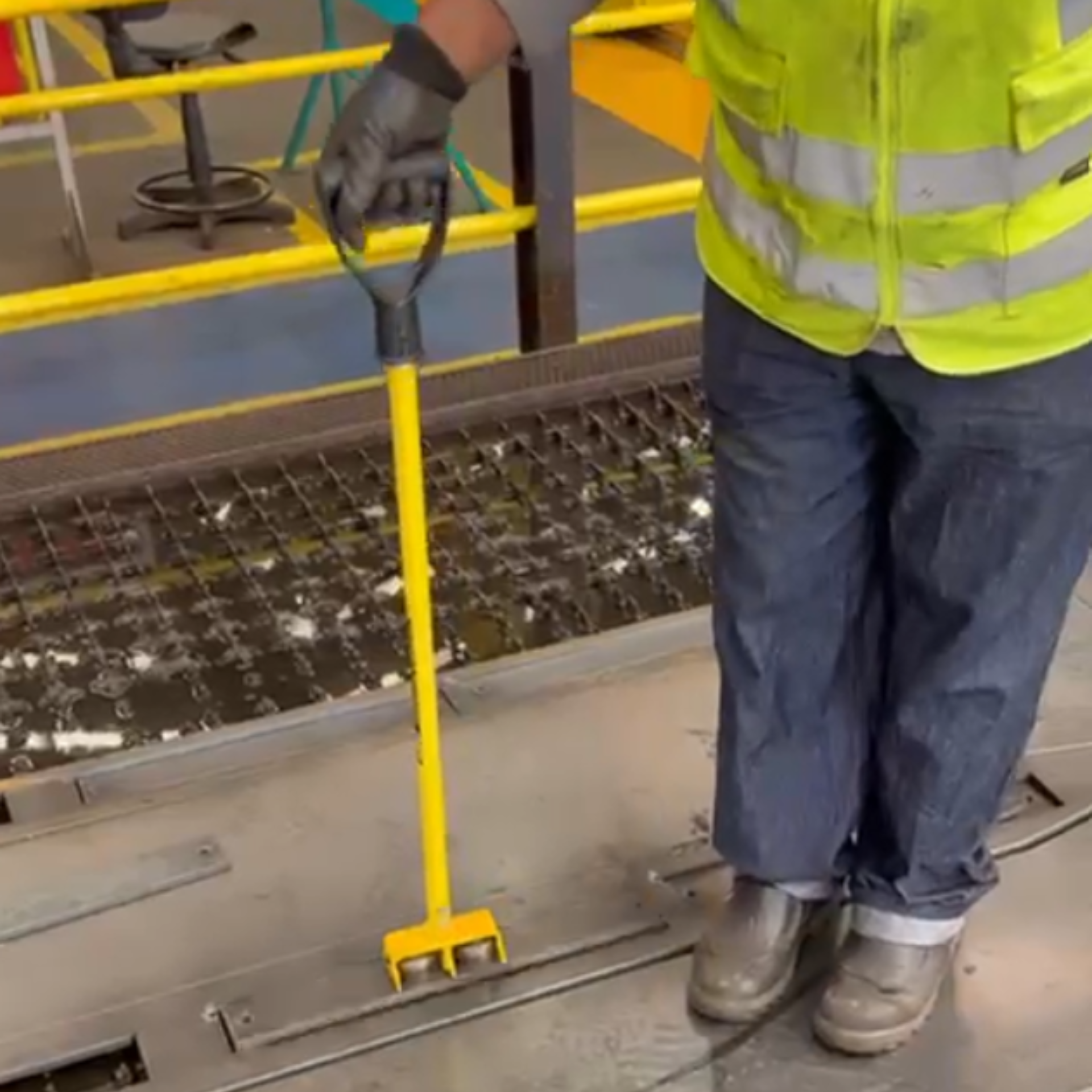 Operador utilizando bastão duplo com imãs para movimentar ou desacoplar cargas metálicas com segurança.